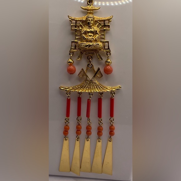 Rare Gorgeous Vintage 1960s Buddha Faux Coral Gold Tone Necklace ART Signed - Picture 5 of 15